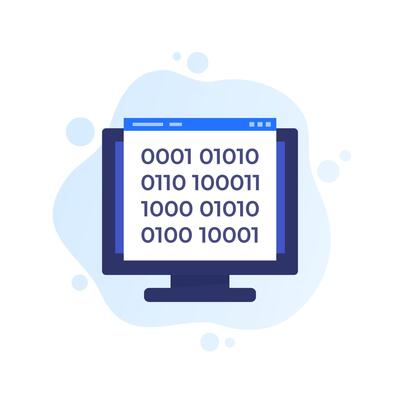Binary code icon with computer, flat design