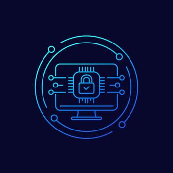 Hardware encryption icon with a computer, linear design vector
