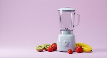 a blender with strawberries, kiwi and bananas on a pink background. photo