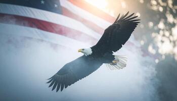 Eagle soars across cinematic the sky on American Flag background. Generated Image photo