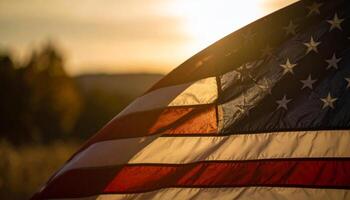 American flag blowing in the wind at sunset.Generate photo