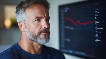 A man looking at a stock chart on a monitor photo