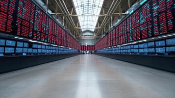 An empty hallway with many screens showing stock prices photo