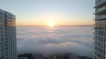 The sun is setting over the clouds in this photo