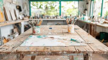 An old wooden table with paint and brushes on it photo