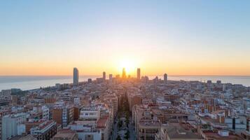 The sun setting over a city skyline photo