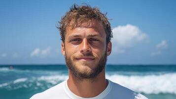 A man with a beard and a white shirt standing in front of the ocean photo
