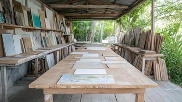 A table with many pieces of wood on it photo