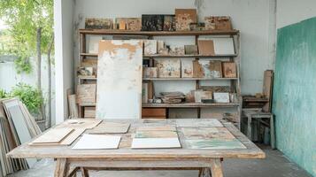 A room with a table and a lot of art supplies photo