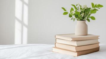 A stack of books with a vase of flowers on top photo