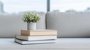 Stack of books and vase of flowers on sofa photo