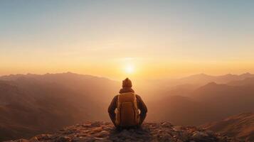 A person sitting on top of a mountain with a backpack and a sunset in the background photo