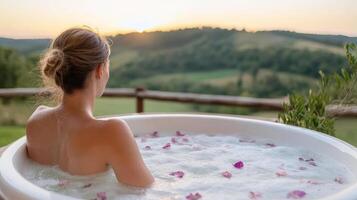A woman sitting in a hot tub with flowers photo
