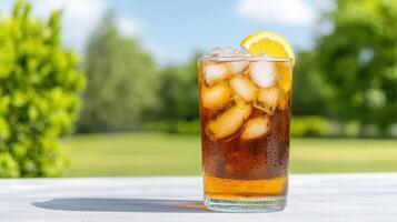 A glass of iced tea with lemon on a table photo