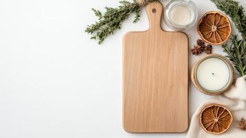 Wooden cutting board with spices and candles on white background photo
