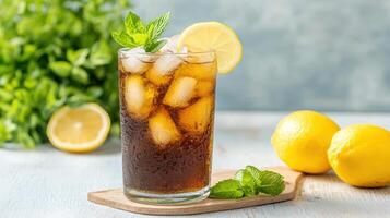 A glass of iced tea with ice, lemon and mint leaves photo