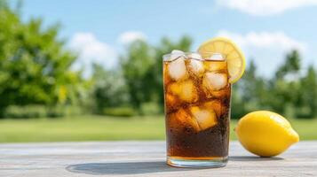 A glass of cola with ice and a lemon on a table photo
