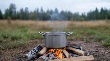 A pot on a fire with smoke coming out of it photo