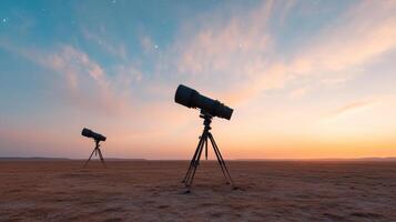 Two telescopes on tripod in desert with sky and clouds photo