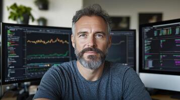 A man with a beard and a beard sitting in front of three computer monitors photo