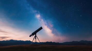 A telescope on a hill with a starry sky photo