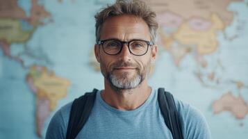 A man with glasses and a backpack standing in front of a map photo