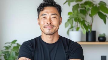 A man in a black shirt sitting at a desk photo