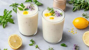 Two glasses of milk with herbs and lemons photo