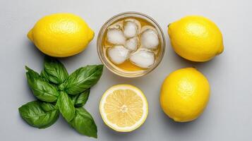 Lemonade with ice, basil and lemon slices photo