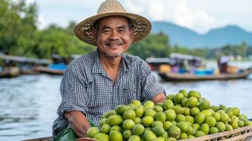 A man in a straw hat is holding a basket full of green fruit photo