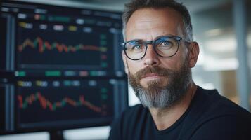 A man with glasses and beard in front of a computer screen photo