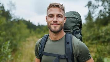 A man with a backpack smiles while standing in a field photo