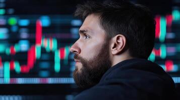 A man with a beard and a beard looking at stock market charts photo