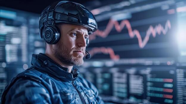 A man in a helmet with headphones and a computer screen photo