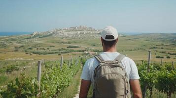Man with backpack looking at vineyard photo