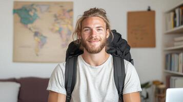 A man with a backpack sitting in front of a laptop photo