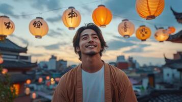Asian man smiling in front of asian lanterns photo