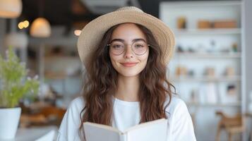 A woman wearing a hat and glasses is reading a book photo