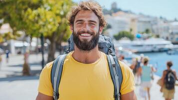 A man with a beard and backpack smiling photo