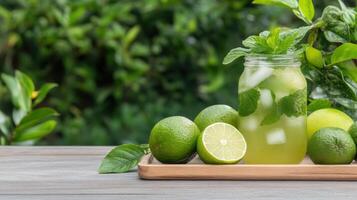 Lime and mint in a jar with ice and mint leaves on a wooden tray photo