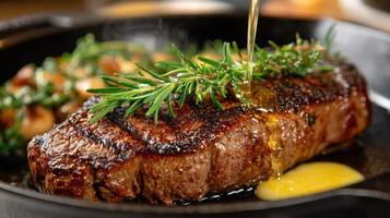 A steak being cooked in a skillet with butter photo