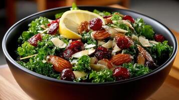A bowl of kale salad with almonds and cranberries photo