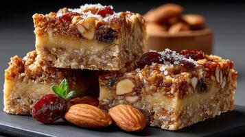 A plate of three bars with nuts and cranberries photo