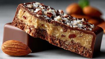 A piece of chocolate covered in nuts and almonds photo