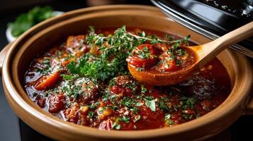Curry with tomatoes and herbs in a clay pot photo