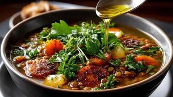 Lentil soup with vegetables and herbs photo