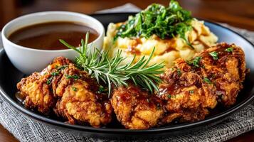 Fried chicken with mashed potatoes and gravy photo