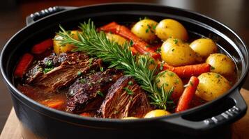 A pot of beef, potatoes and carrots with rosemary photo