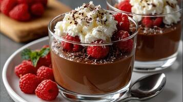 Chocolate mousse with raspberries and coconut photo