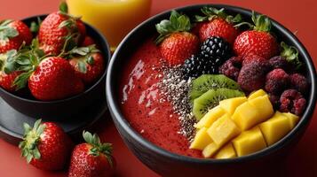 Bowl of fruit smoothie with strawberries, kiwi, mango and chia seeds photo